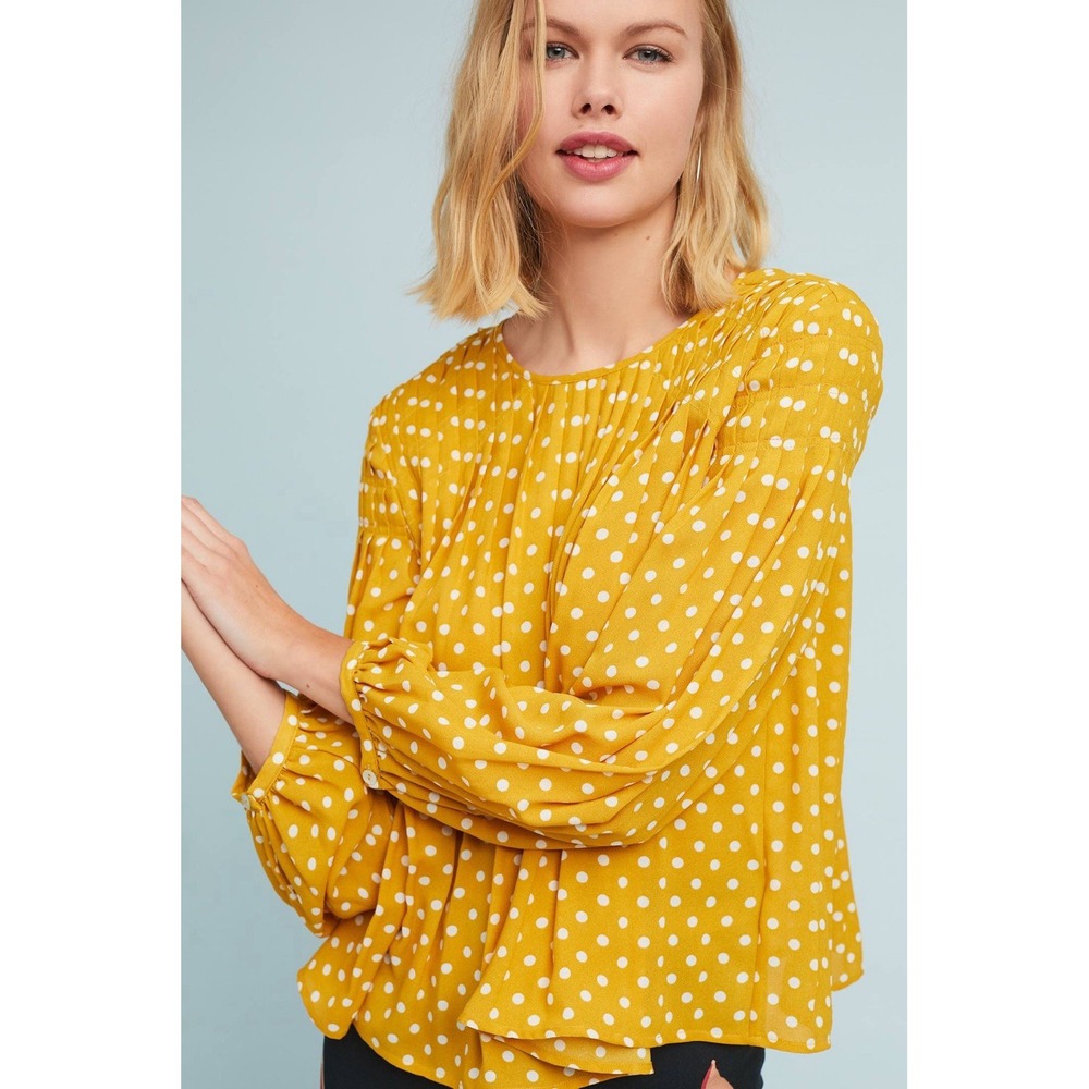 anthropogie mo:vint  Polka Dot Swing Blouse yellow Size Small
